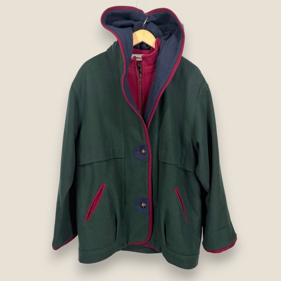 Herman Kay Jackets & Blazers - Herman Kay Bib Zipper Pea Coat Jacket Women Size 12 Green Navy Hooded Wool Blend